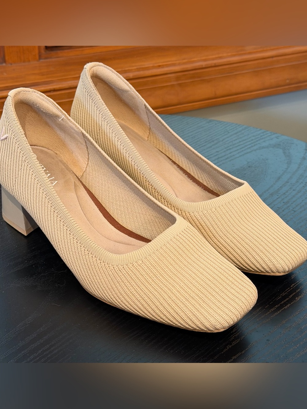 Vivaia Square-Toe Margot™ Chunky Heels (Monroe) Beige Knit Block Heel